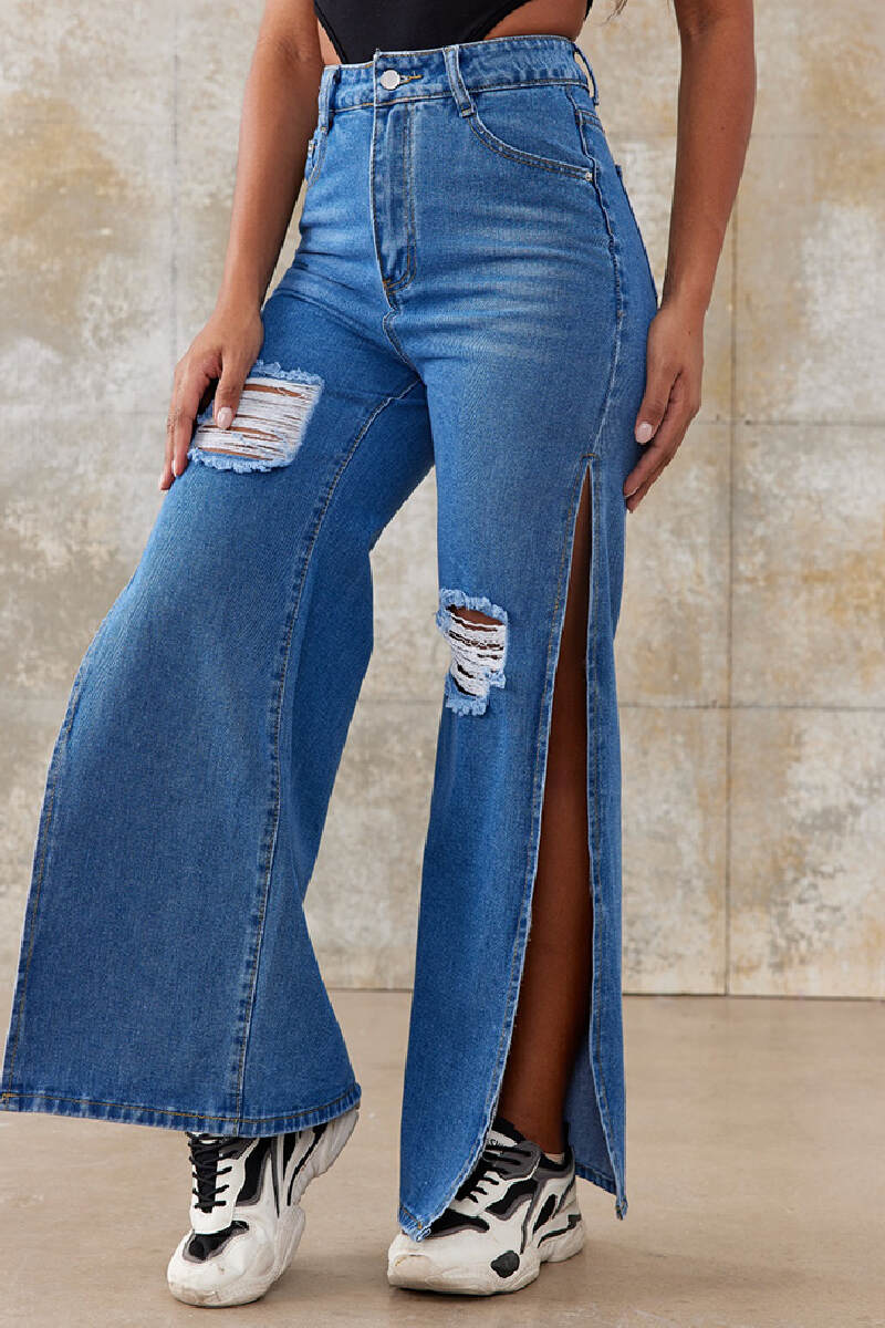 Medium Blue Casual Solid Ripped Slit High Waist Regular Denim Jeans