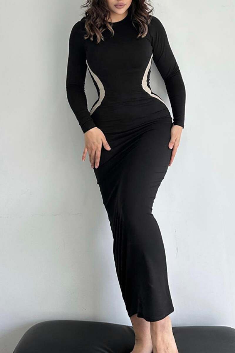 Black Casual Patchwork Contrast O Neck Long Sleeve Dresses