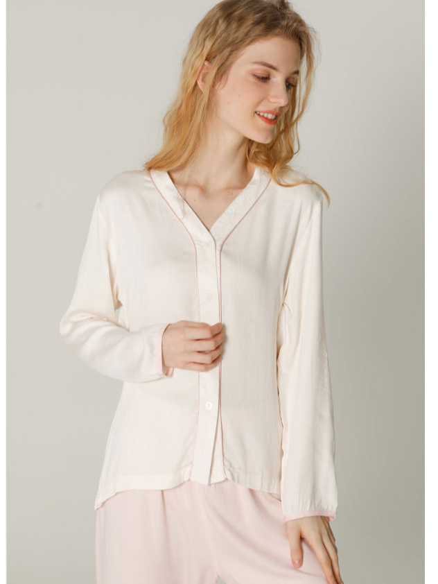 Satin Vacation Plain Loose Long Sleeve Pajama Set