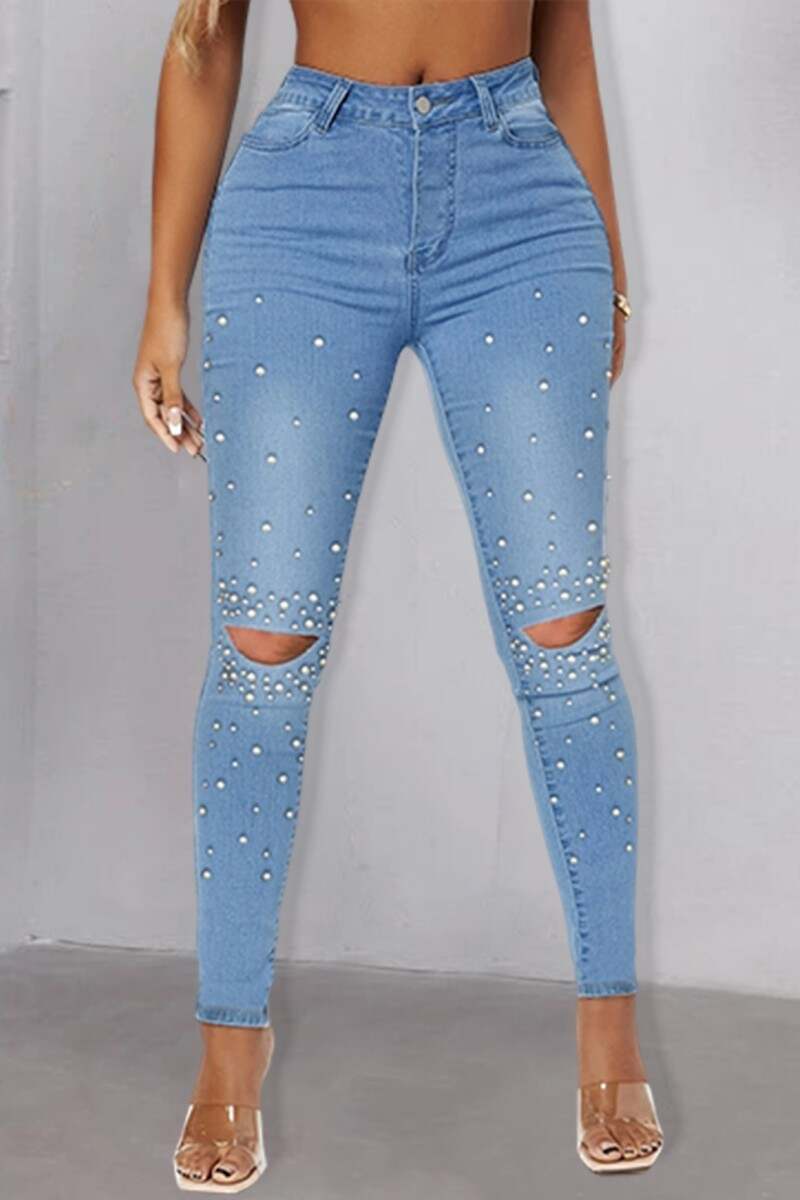 Medium Blue Casual Patchwork Ripped Beading High Waist Skinny Denim Jeans (Subject To The Actual Object)