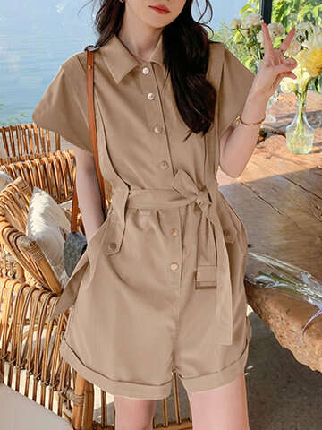 Women Jumpsuits & Rompers | Solid Belt Button Front Pocket Short Sleeve Lapel Cargo Romper - EZ35724