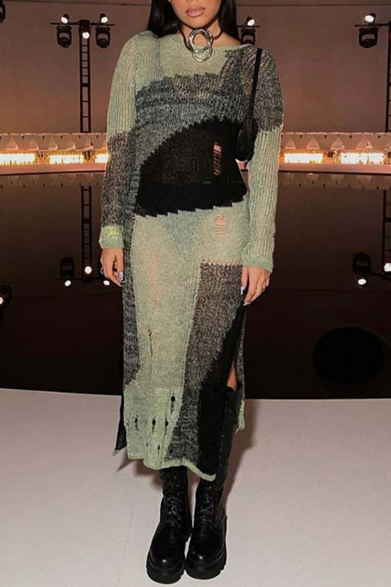 Green Casual Patchwork Ripped Slit O Neck Long Sleeve Dresses