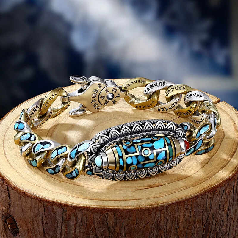 (HOT BUY!!)Azure Serenity: Six-Mantra Nine-Eyed Dzi Bead Bracelet