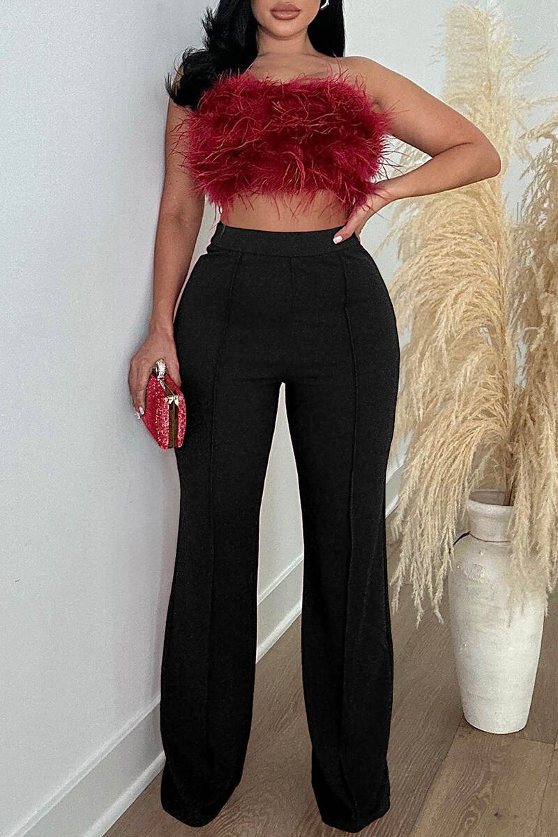 Red Casual Solid Basic Regular High Waist Conventional Solid Color Trousers