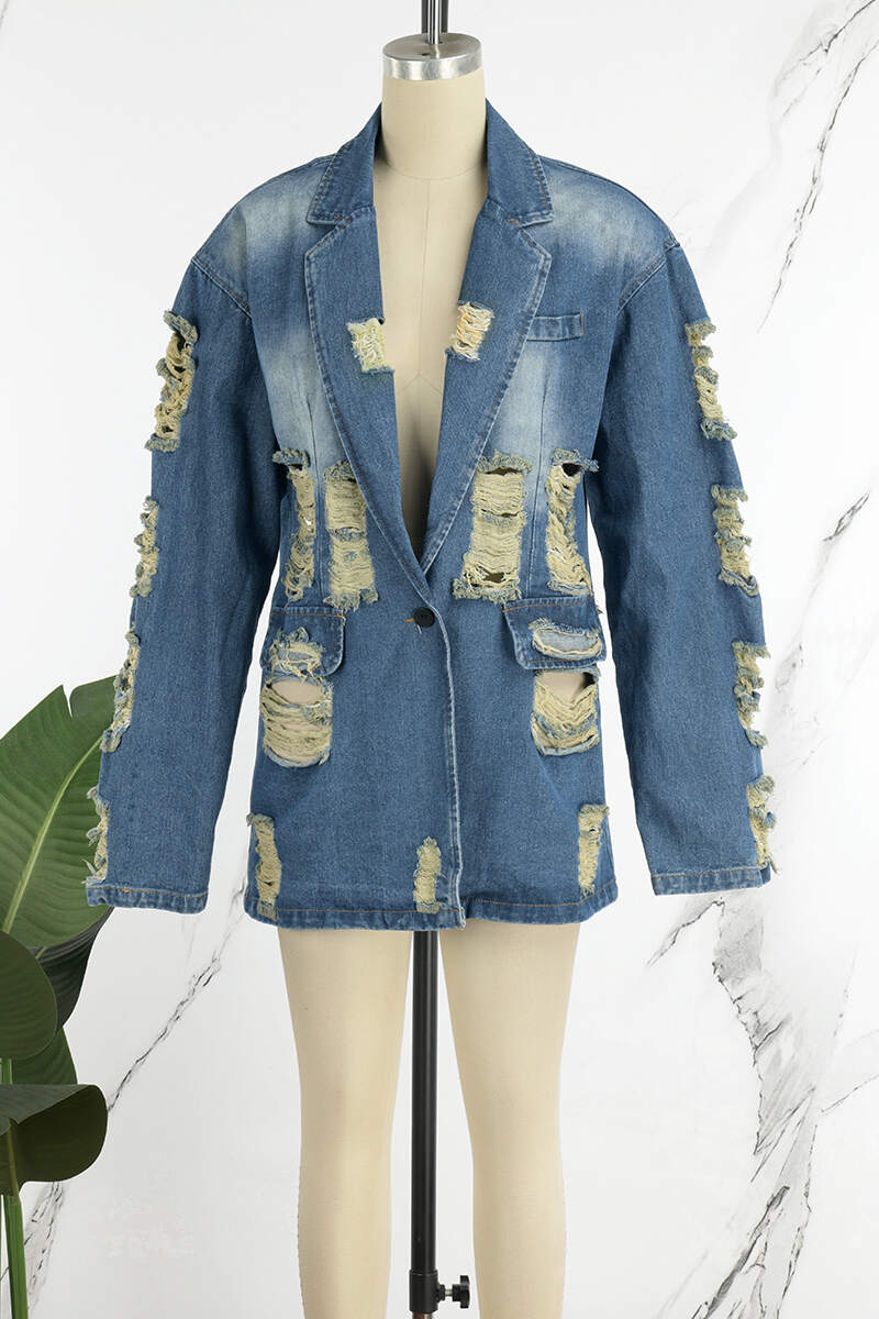 Blue Casual Solid Ripped Cardigan Turndown Collar Long Sleeve Regular Denim Jacket