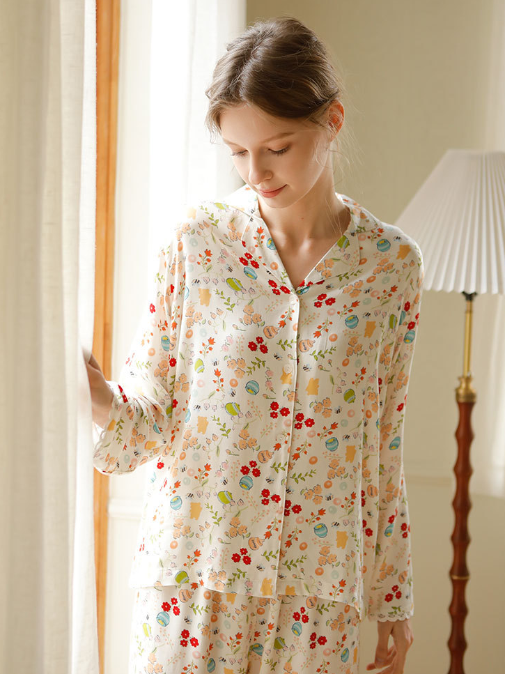 Floral Loose Shawl Collar Satin Vacation Long Sleeve Pajama Set