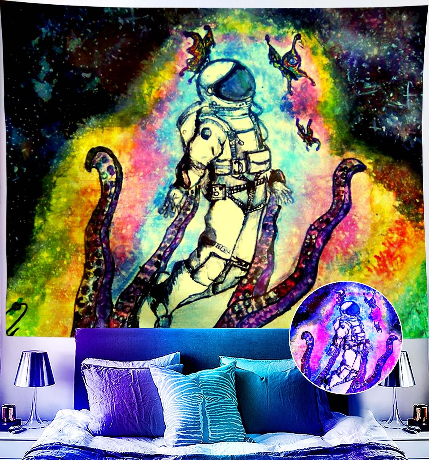 Trippy Blacklight UV Reactive Wall Tapestry Alien Astronaut Psychedelic