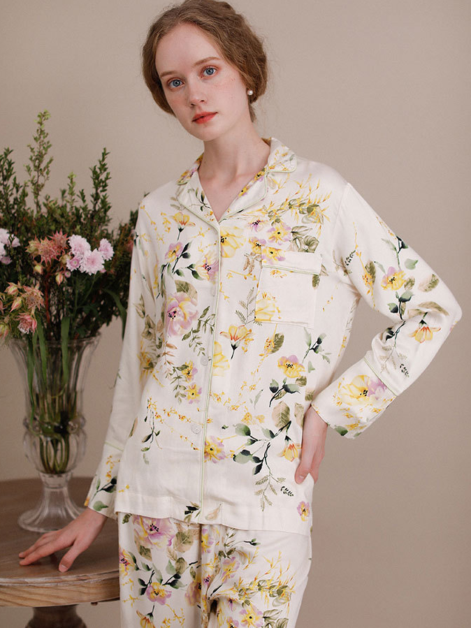 Simple Floral V Neck Loose Long Sleeve Pajama Set