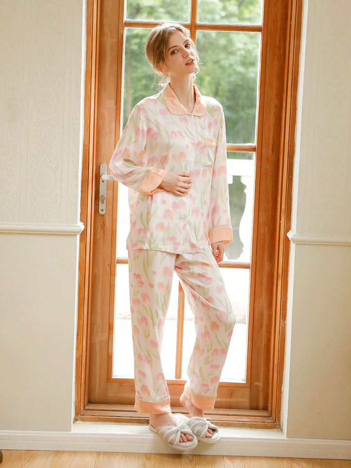 Floral Shawl Collar Simple Loose Long Sleeve Pajama Set