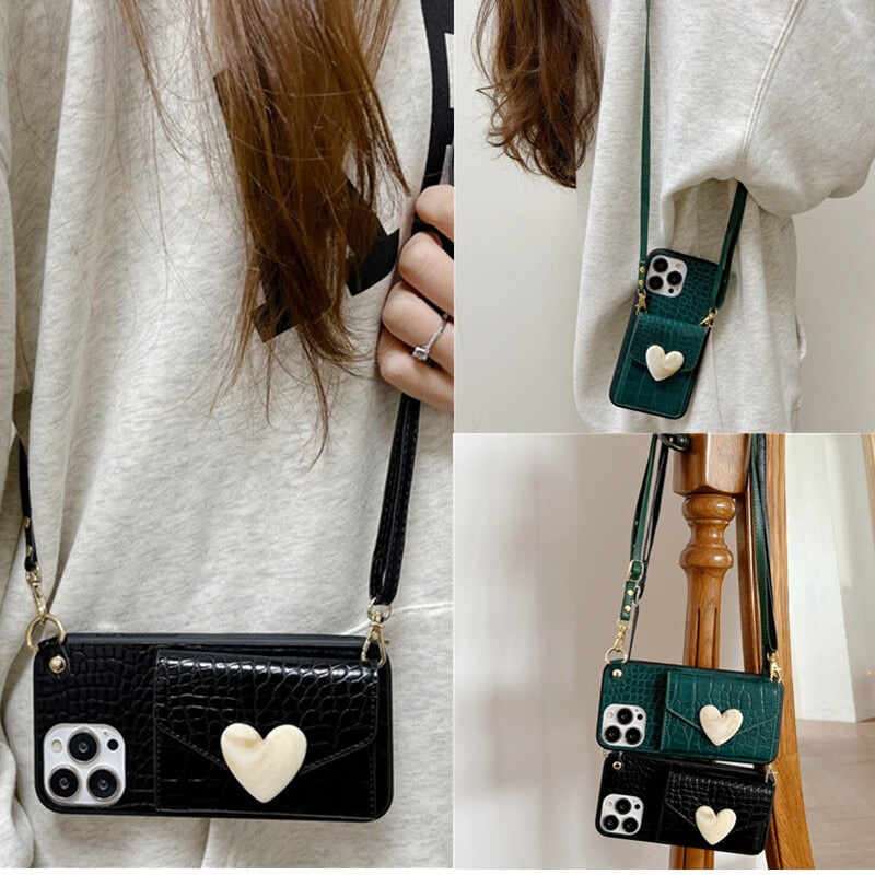 Cute Heart Card Wallet Crossbody Chain Bag Phone Case