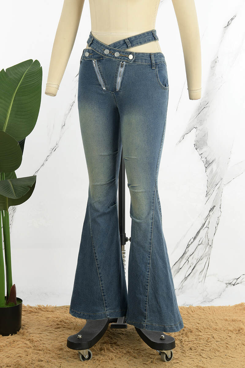 Blue Casual Solid Hollowed Out Make Old Patchwork Buttons Zipper High Waist Boot Cut Denim Jeans