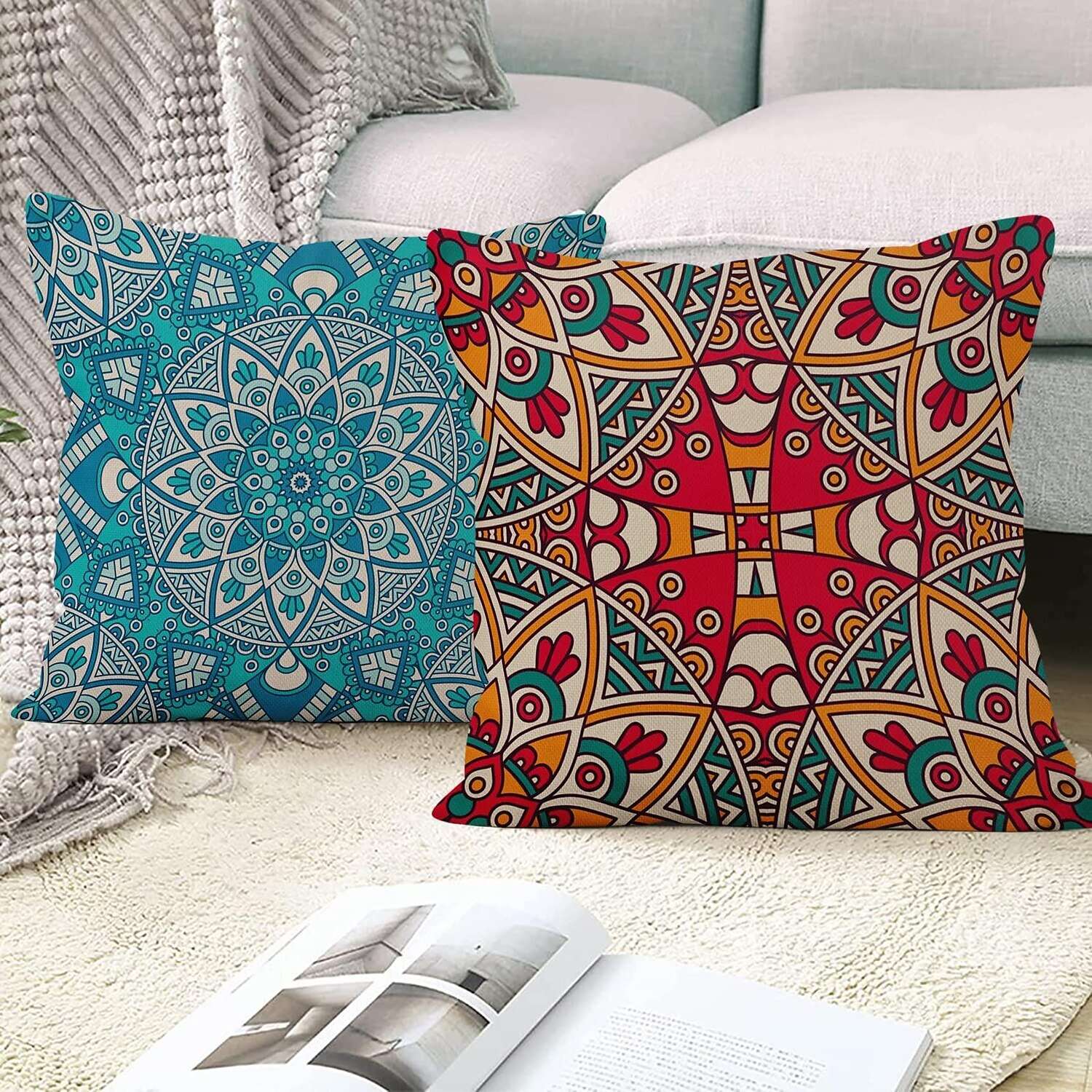 Floral Mandala Bohemian Double Side Pillow Cover 4PC Soft Decorative Square Cushion Case Pillowcase for Bedroom Livingroom Sofa Couch Chair