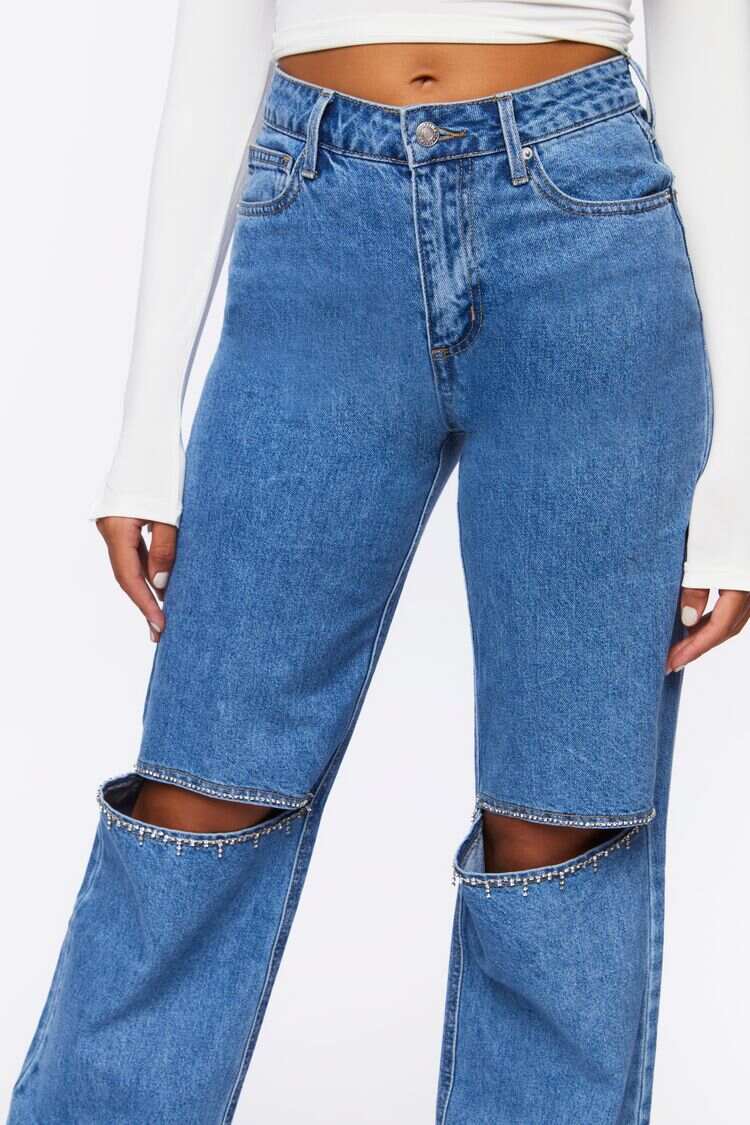 Women Apparel | Rhinestone Split-Knee 90s-Fit Jeans Light Denim Blue Forever21 - KE97553