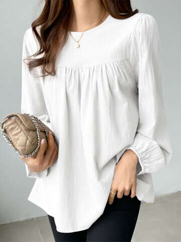 Women Blouses & Shirts | Solid Casual Keyhole Back Long Sleeve Crew Neck Blouse - DY11806