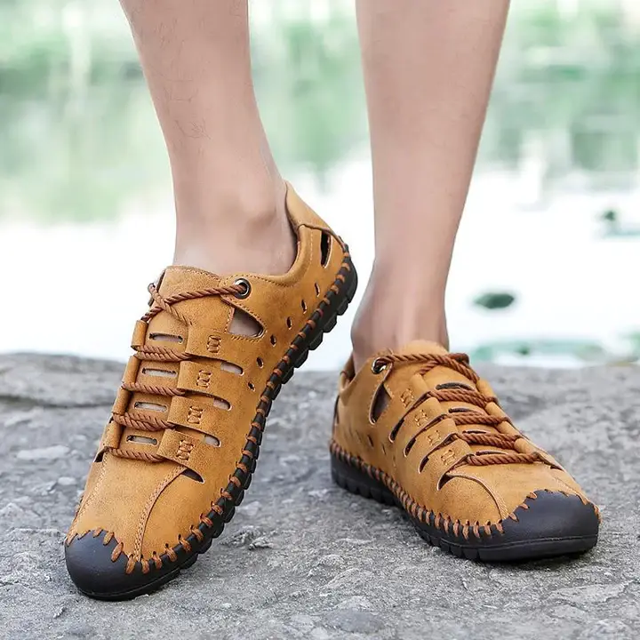 Men's Breathable Leather Large Size Stitching Hollow Out Water Shoes