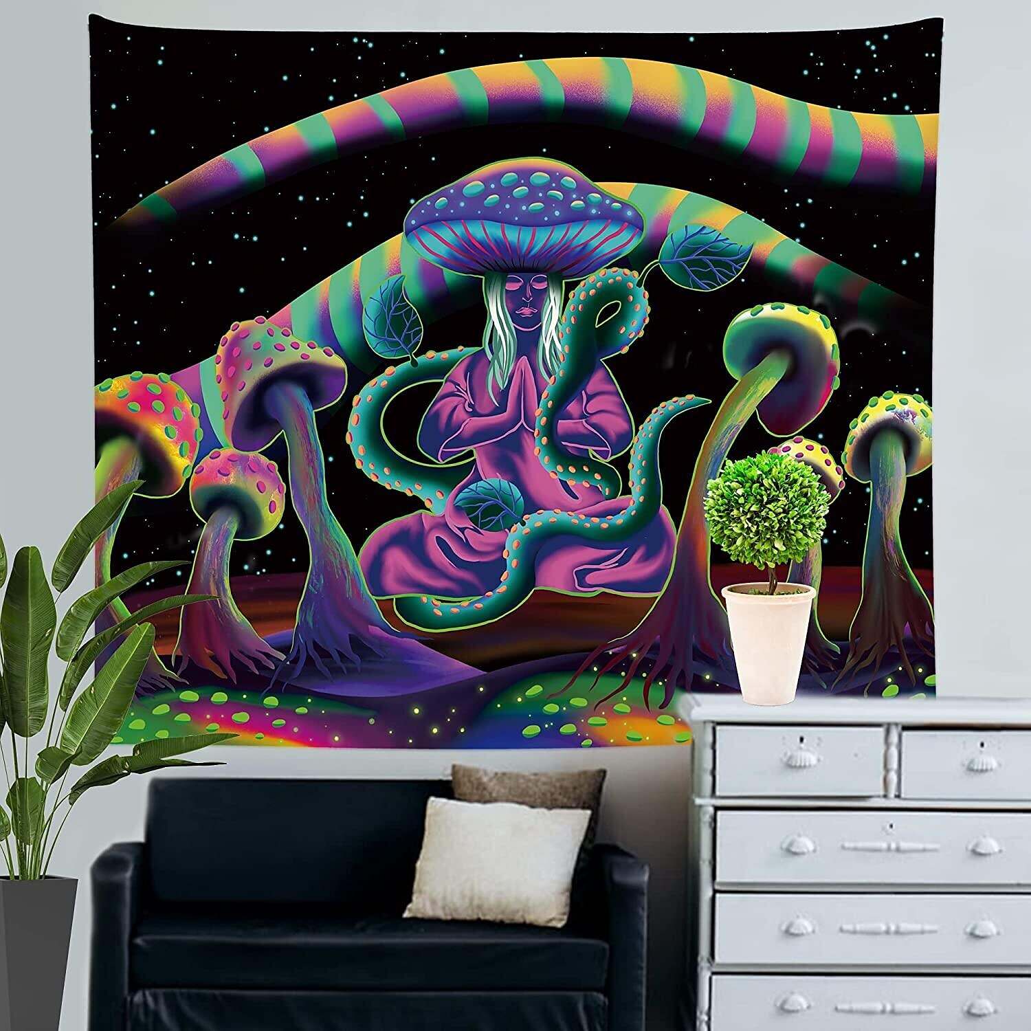 Blacklight Tapestry UV Reactive Trippy Misty Mushroom Forest