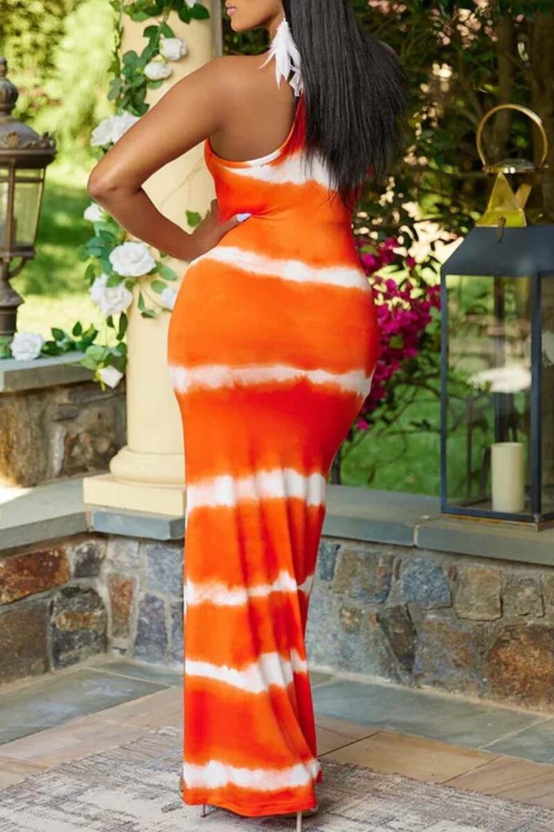 Orange Sexy Casual Print Backless Spaghetti Strap Long Dress Dresses