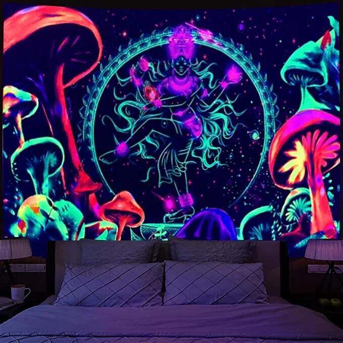 Trippy Black Light Tapestry UV Reactive Psychedelic Mushroom Mandala Chakra