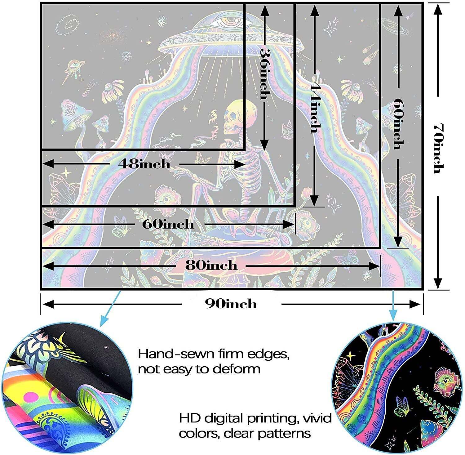 Blacklight Tapestry UV Reactive UFO Trippy Skull Misty Mushroom