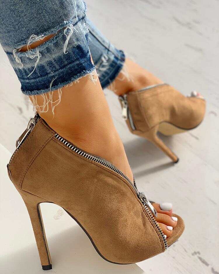 Suede peep toe heeled boots