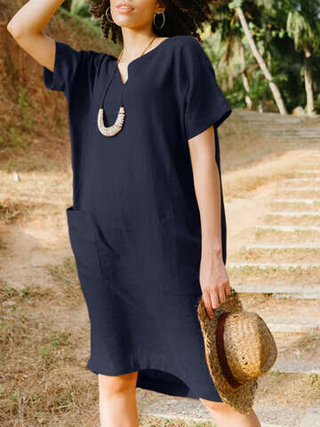 Women Casual Dresses | Solid Short Sleeve Pocket V-neck Dress For Women - JY54848