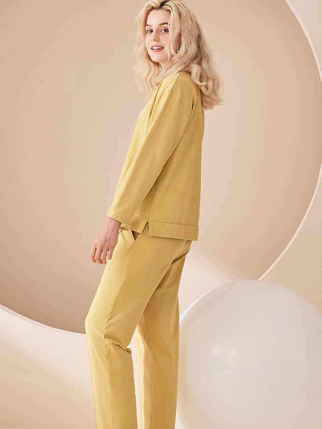 Loose Regular Sleeve Cotton Plain Simple Long Sleeve Pajama Set