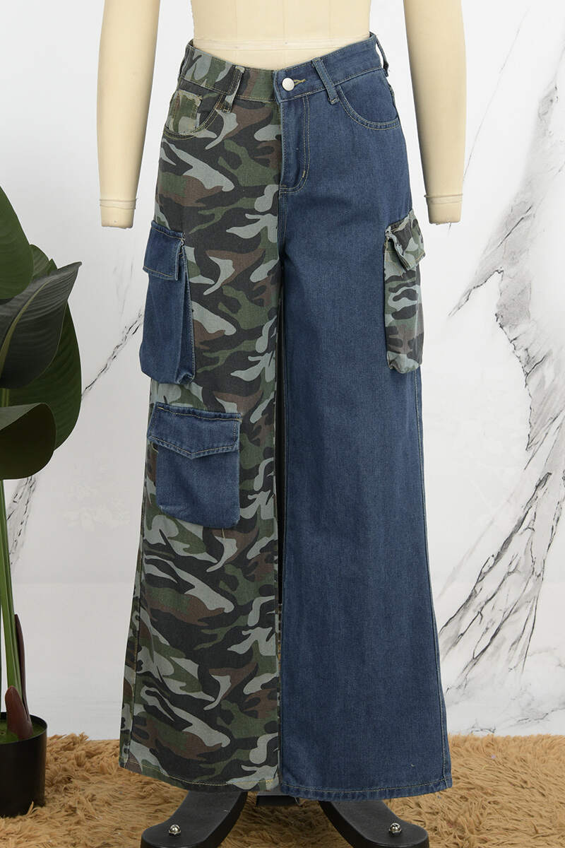 Blue Street Camouflage Print Patchwork Pocket Buttons Zipper Mid Waist Straight Denim Jeans