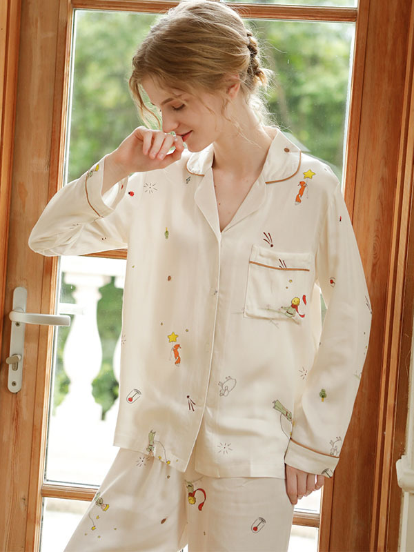 Shawl Collar Simple Star Regular Fit Long Sleeve Pajama Set