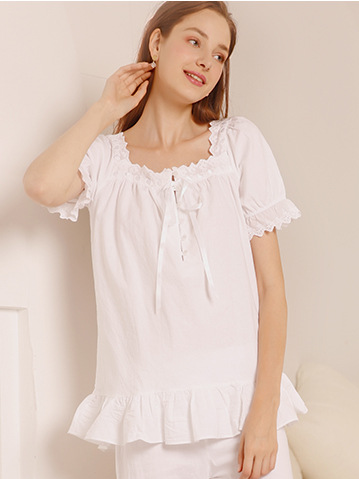 Cotton Casual Lace Loose Short Sleeve Pajama Set