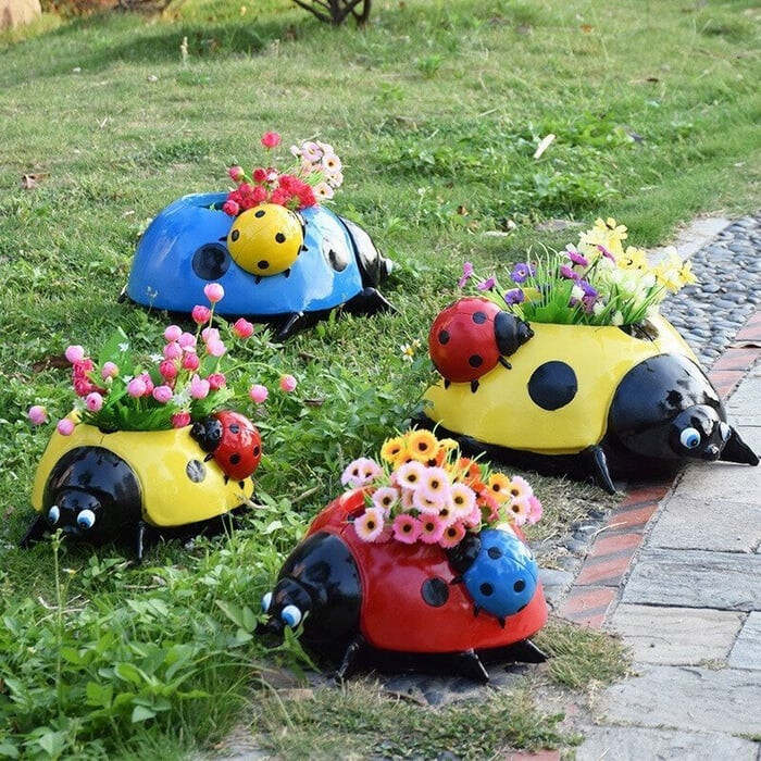 Metal Ladybug Flower Pot