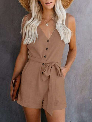 Women Jumpsuits & Rompers | Solid Button Belt Pocket V-neck Rolled Hem Romper - JN55152