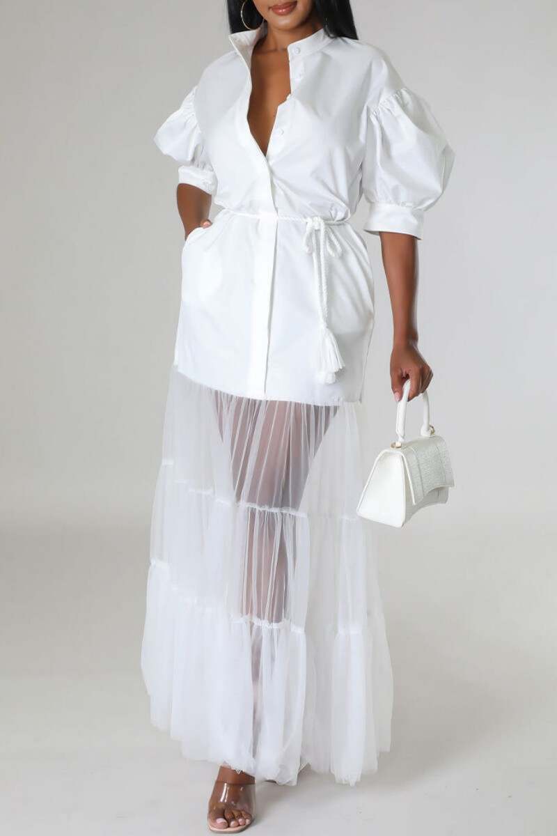 White Casual Solid Patchwork Turndown Collar Shirt Dress Dresses(With a belt)