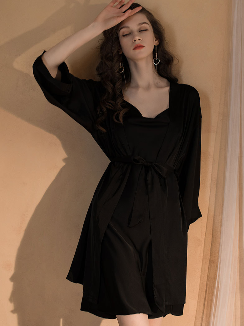 Regular Fit V Neck Plain Edgy Nightdress and Robe Two-piece Set