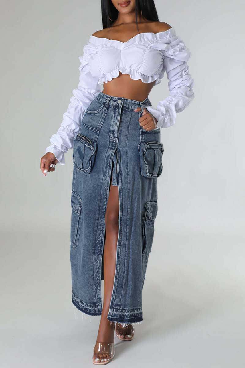 Deep Blue Casual Solid Patchwork Slit High Waist Regular Denim Skirts