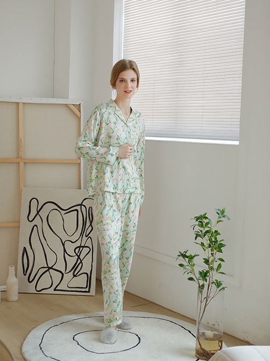 Floral Casual V Neck Regular Fit Long Sleeve Pajama Set