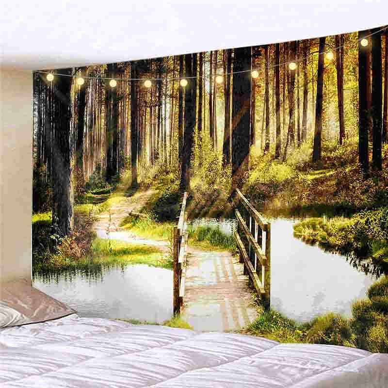 Landscape LED Lights Wall Tapestry Art Decor Forest Tree Print