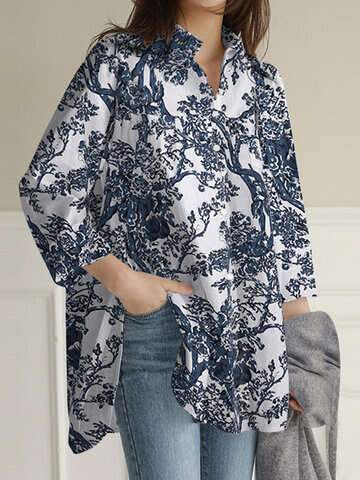 Women Plus Size Blouses & Shirts | Print Long Sleeve Lapel Plus Size Linen Shirt with Button - LJ67009