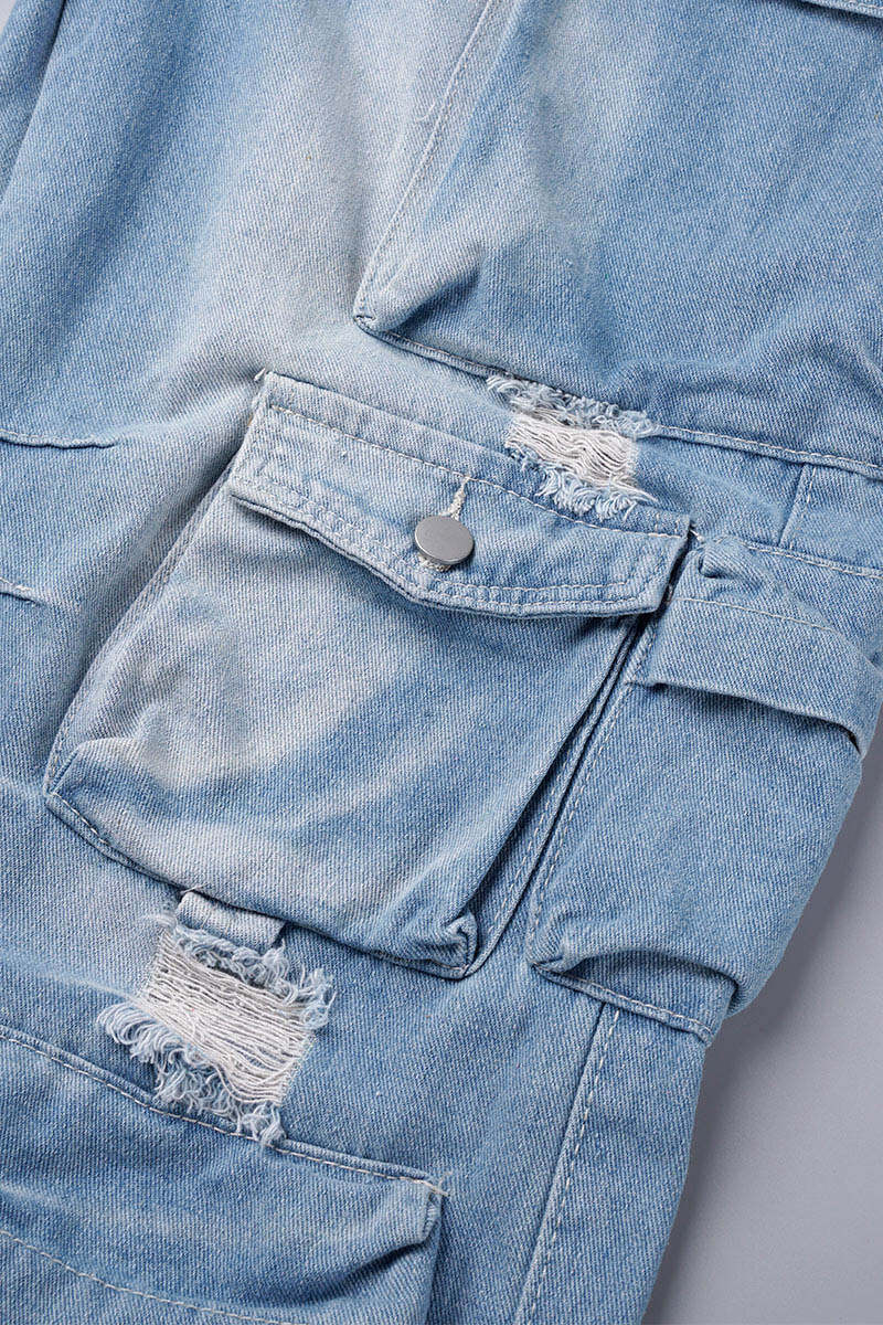 Light Blue Street Solid Ripped Patchwork Pocket Buttons Zipper Mid Waist Straight Denim Jeans