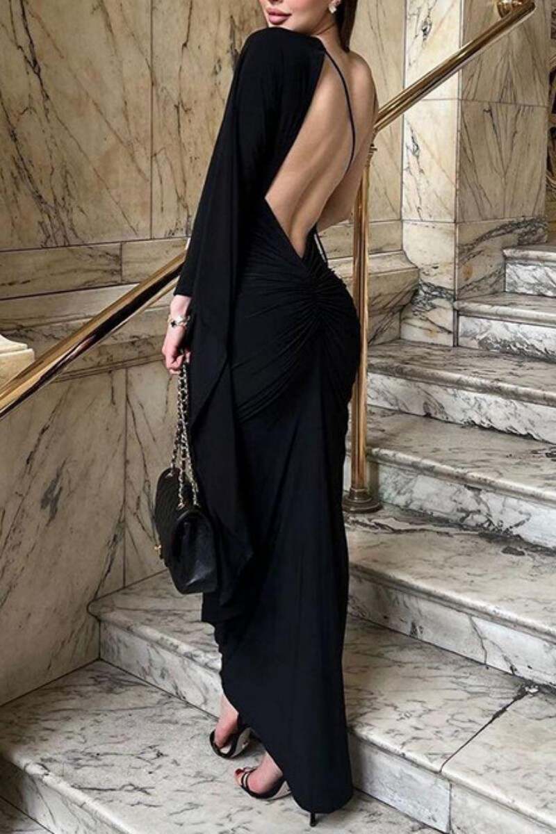 Black Sexy Casual Solid Backless Asymmetrical V Neck Long Dress Dresses