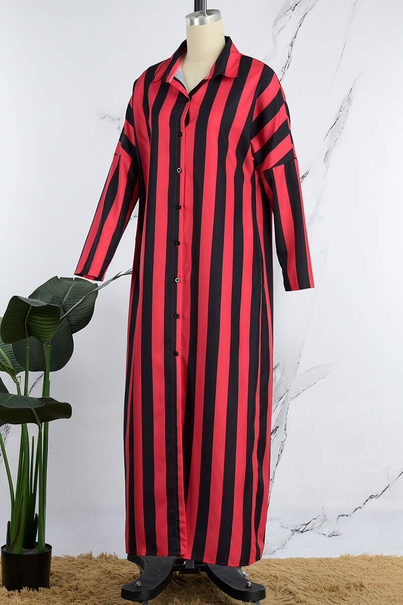 White Casual Striped Print Patchwork Turndown Collar Shirt Dress Dresses