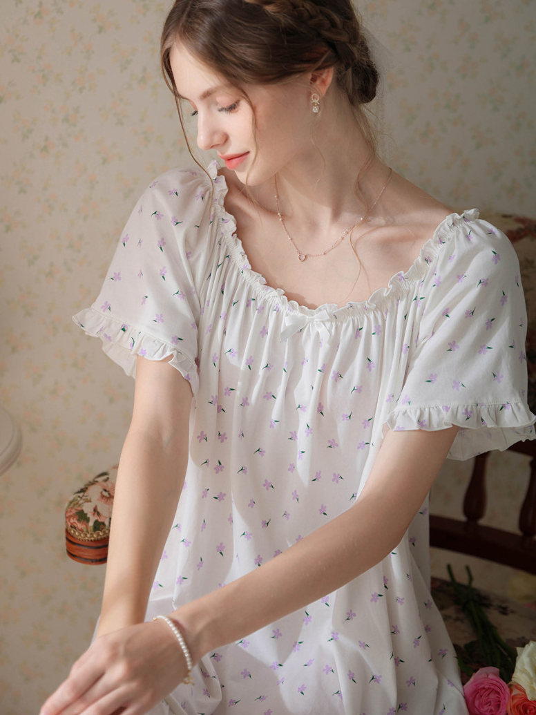 Simple Plain Cotton Floral Others Nightdress