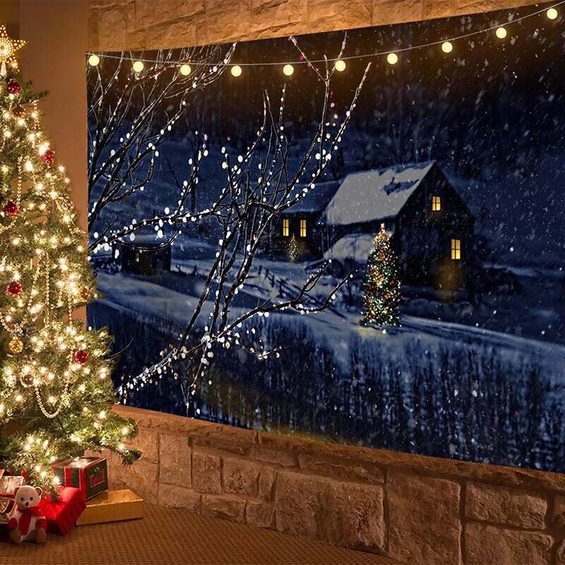 Christmas Decor LED Lights Wall Tapestry Snow Forest Christmas Tree Print