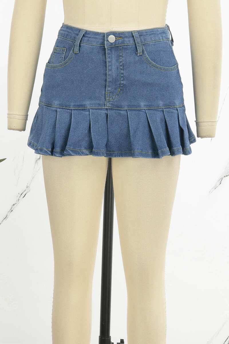 Light Blue Sexy Solid Patchwork Pocket Buttons Zipper Pleated Mid Waist Boot Cut Denim Skirts