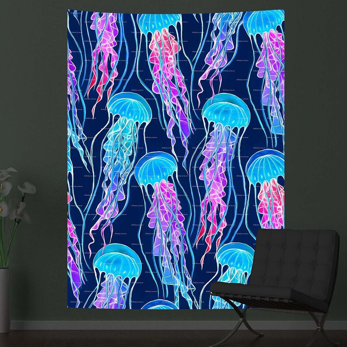 Black UV Light Jellyfish Psychedelic Tapestry