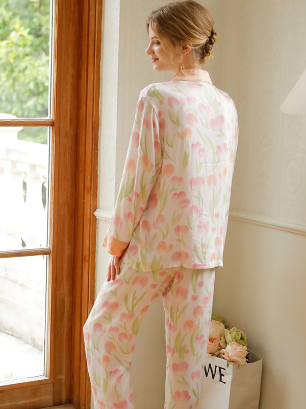 Floral Shawl Collar Simple Loose Long Sleeve Pajama Set