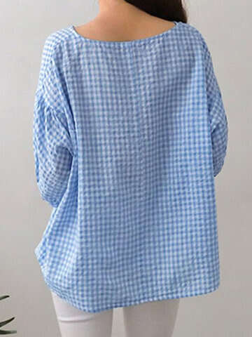 Women Blouses & Shirts | Check Print Crew Neck 3/4 Sleeve Casual Loose Blouse - YB04320