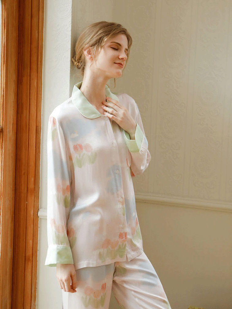 Simple Floral Loose Shawl Collar Long Sleeve Pajama Set