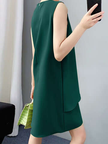 Women Casual Dresses | Solid Ruffle Front Crew Neck Sleeveless Casual A-line Dress - WP59890