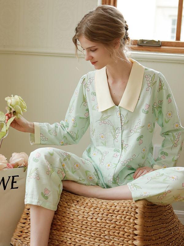 Simple Regular Long Sleeve Floral Cotton Regular Fit Pajama Set