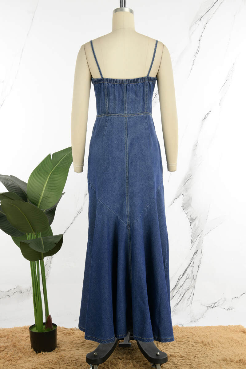 Blue Sexy Casual Solid Backless Spaghetti Strap Skinny Denim Dresses